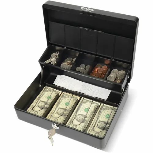 Bill Slots Steel Security Cash Box, 4 Bill, 5 Coin, Steel, Black, 3.5" Height x 10" Width x 7" Depth Questions & Answers