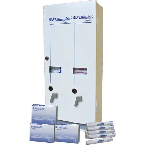 Dual Vendor Hygiene Dispenser, 12 x Sanitary Napkin, 19 x Tampon, 24" Height x 10.8" Width x 5.5" Depth, Metal, White, Window, Locking Coin Box, 1 Each Questions & Answers