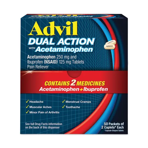 Dual Action with Acetaminophen and Ibuprofen Caplets, 50 Packets of 2 Caplets Questions & Answers